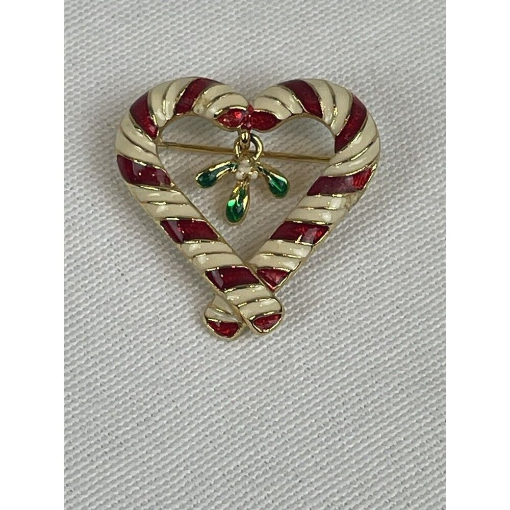VTG Enamel Red White Gold Candy Cane Heart Dangle Holly Pin Brooch Signed GSK FS